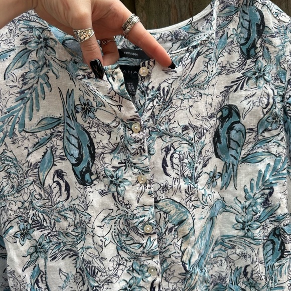Tahari 100% Linen Plus Size Boho Floral Bird Print Button Front Tunic Blouse - Picture 7 of 8
